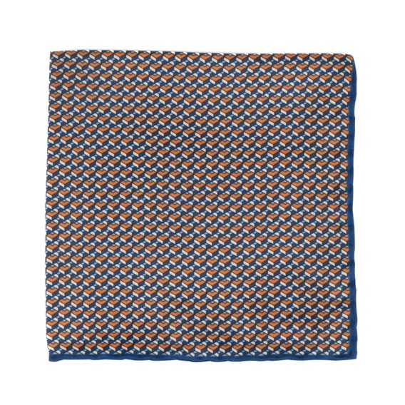 Oranžovo-modrý hedvábný kapesníček s trojbarevným vzorem