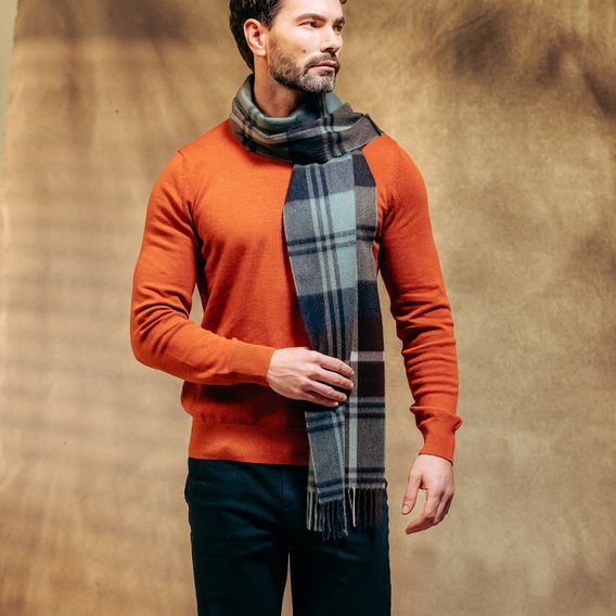 Joshua Ellis Modern Tartan Ripple Cashmere Scarf — Green x Blue x Rust