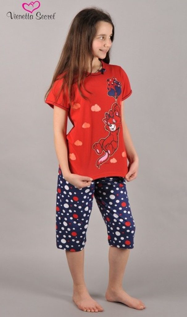 Dětské pyžamo kapri Vienetta Secret Kočka s balónky - tmavě růžová -  Vienetta Secret - pyžama pro holky - DĚTSKÁ PYŽAMA, Oblečení, PRO DĚTI,  !STARE - Perfektní Prádlo.cz - Pohodlné noční prádlo,