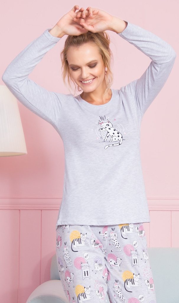 Dámské pyžamo dlouhé Kočka Mína - světle šedá - Vienetta Secret - dlouhá  pyžama - Dámská pyžama, Dámské - Perfektní Prádlo.cz - Pohodlné noční  prádlo, župany a spodní prádlo pro Váš perfektní den!