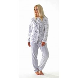 Dámské dlouhé teplé pyžamo na knoflíky FLORA šedý tisk na bílé
