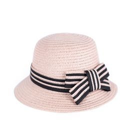 Dámský módní klobouk s pruhovanou mašlí - světle růžový