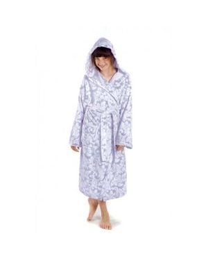 Dětský dlouhý župan s kapucí FLORA šedý tisk na bílé