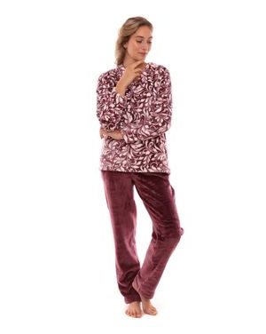 Dámské dlouhé teplé pyžamo FLORA vínový tisk na bílé