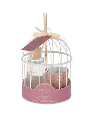 Dárková sada bílá klec, skleněný difuzér a vonná svíčka, pink