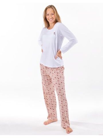 Dámské pyžamo dlouhé dámské, šité, s potiskem 19167 - bílá šedohnědá