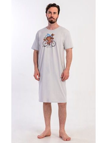 Pánská noční košile s krátkým rukávem Méďa na kole - šedá