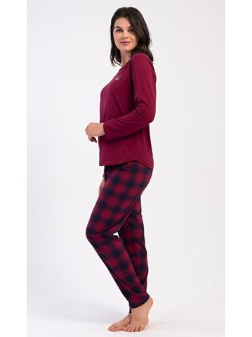 Dámské dlouhé teplé pyžamo FLORA vínový tisk na bílé