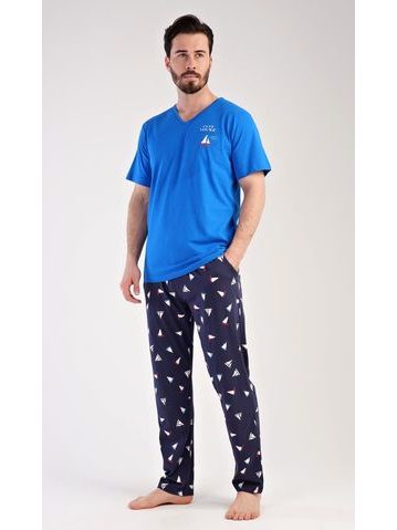 Pánské pyžamo dlouhé Loďka - modrá