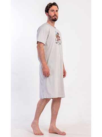 Pánská noční košile s krátkým rukávem Méďa na kole - šedá