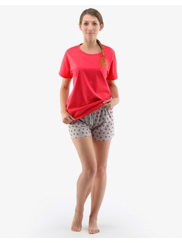 Dámské krátké pyžamo se srdíčkovým potiskem 19144P - třešňová, sv. šedá