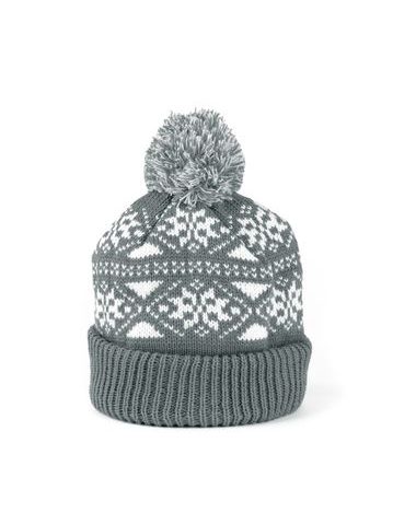 Módní čepice s bambulí zdobená motivem sněhových vloček šedá