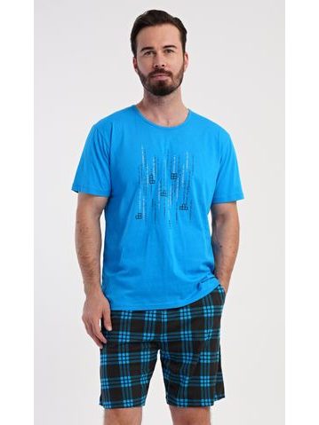 Pánské pyžamo krátké, šité, s potiskem 79188 - měsíc aqua