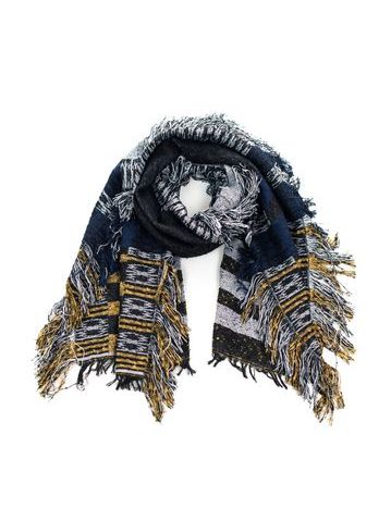 Šál s barevnými vzory a třásněmi - černý