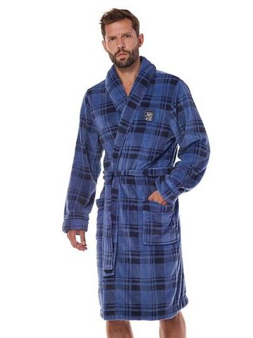 Pánský hřejivý župan Hero modrý káro s výšivkou