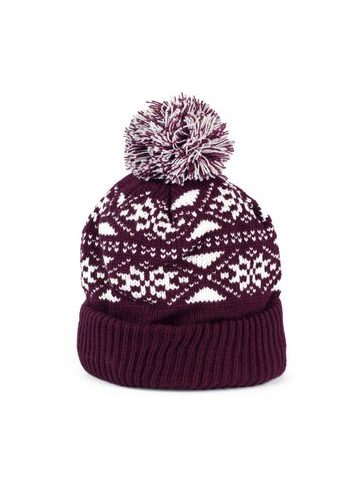 Módní vínová čepice s bambulí zdobená motivem sněhových vloček