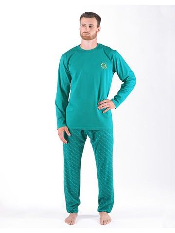 Pánské pyžamo dlouhé pánské, šité, s potiskem Pyžama 2024 79171P - měsíc sv. tyrkysová