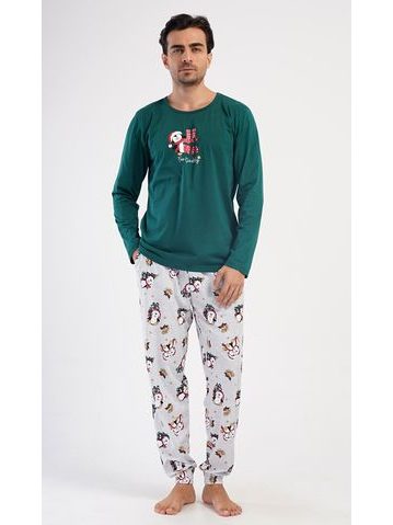 Pánské pyžamo dlouhé Tučňák s dárkem - tmavě zelená