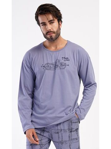 Pánské pyžamo dlouhé pánské, šité, s potiskem Pyžama 2024 79175P - šedá petrolejová