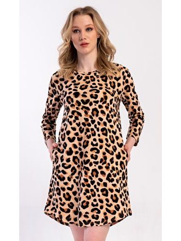 Dámské domácí šaty s krátkým rukávem Leopard - béžová
