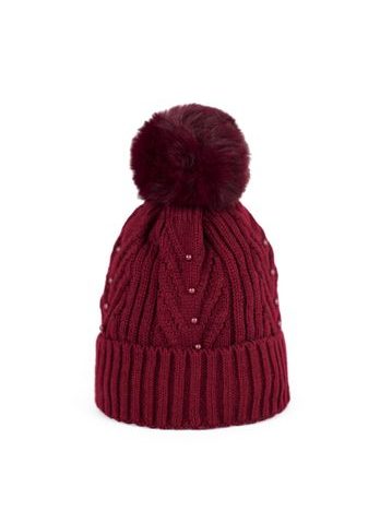 Dámská módní čepice s bambulí a perličkami červená