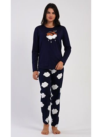 Dámské pyžamo dlouhé Méďa na obláčku - tmavě modrá