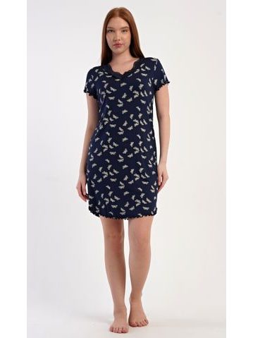 Dámská noční košile s krátkým rukávem Motýlci - tmavě modrá