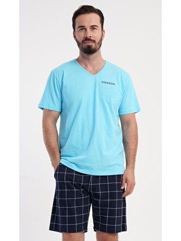 Pánské pyžamo krátké, šité, s potiskem 79188 - měsíc aqua