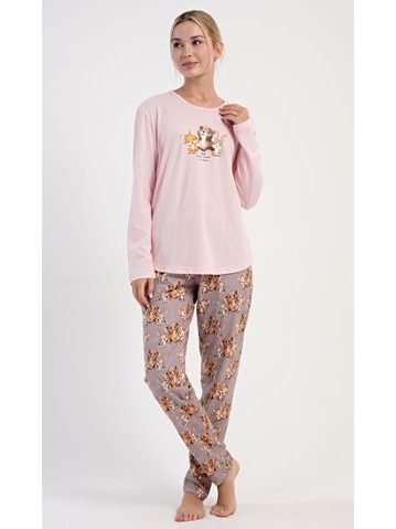 Dámské dlouhé teplé pyžamo FLORA vínový tisk na bílé