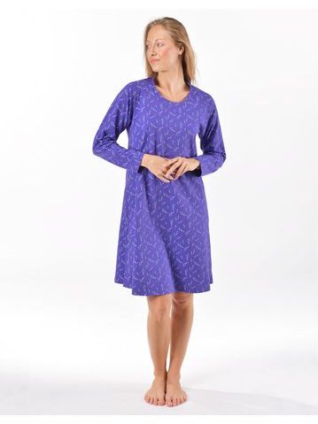 Dámská košilka noční dlouhý rukáv, šité, s potiskem 19175 - levandulová šedobílá