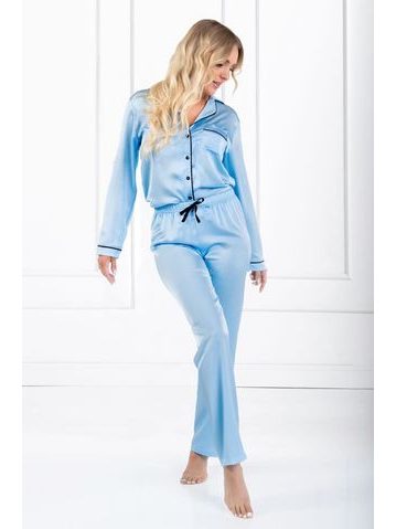 Dlouhé saténové pyžamo Classic look modré