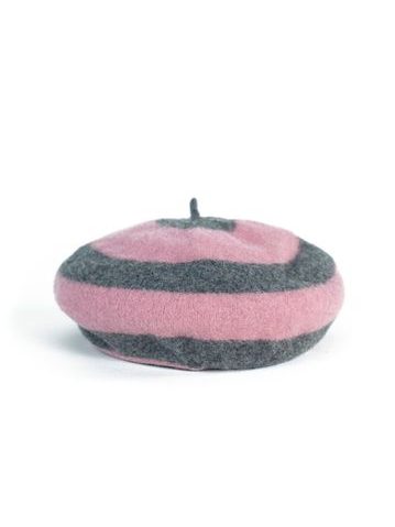 Hezký vlněný pruhovaný baret růžová+šedá