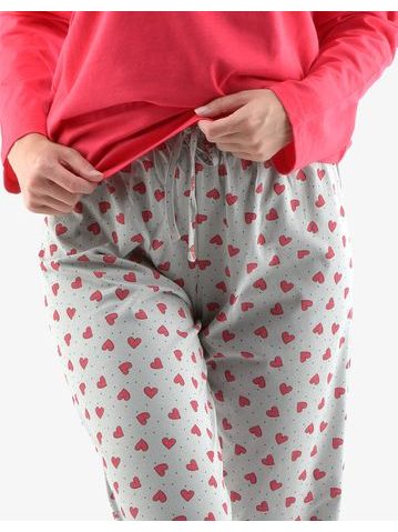 Dámské dlouhé pyžamo se srdíčkovým vzorem 19137P - třešňová, sv. šedá