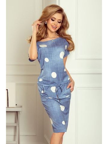 Sportovní šaty s krátkým rukávem, knoflíky a kapsami – džínové + bílé puntíky