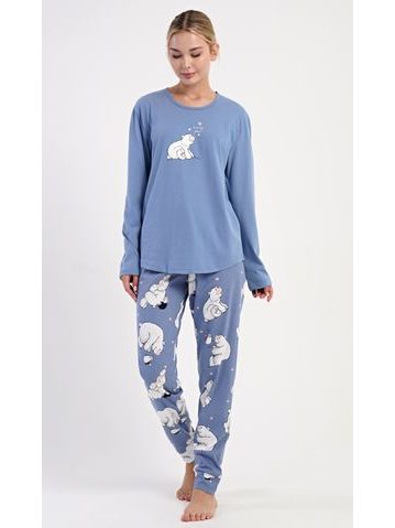 Dámské pyžamo dlouhé Méďa a tučňák - modrošedá