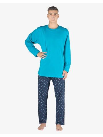 Pánské pyžamo dlouhé pánské, šité, s potiskem Pyžama 2023 79147P - tyrkysová lékořice