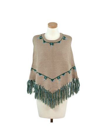 Béžové trendy pončo s třásněmi a vyšíváním