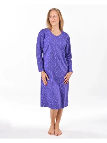 Dámská košilka noční dlouhý rukáv, šité, s potiskem 19173 - levandulová šedobílá