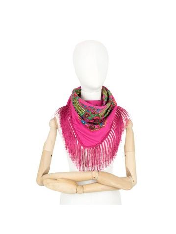 Růžový folkový šátek s dlouhými třásněmi