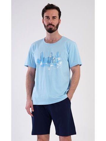 Pánské pyžamo krátké, šité, s potiskem 79188 - měsíc aqua