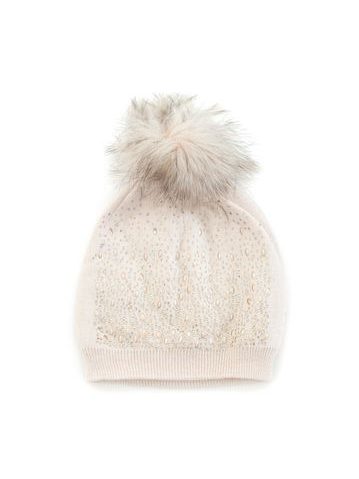 Zdobená čepice s bambulí krémová