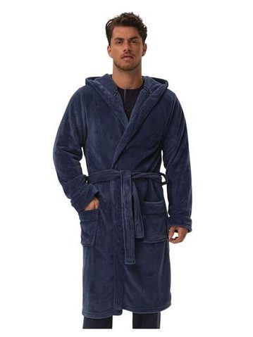 Hřejivý pánský župan Hood modrý s výšivkou