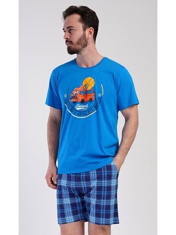 Pánské pyžamo krátké, šité, s potiskem 79188 - měsíc aqua