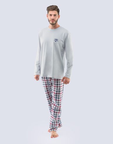 GINA pánské pyžamo dlouhé pánské, šité, s potiskem 79109P - sv. šedá mahagon