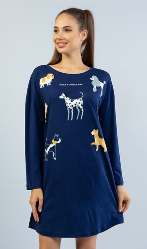 Dámská noční košile s dlouhým rukávem Dogs - tmavě modrá