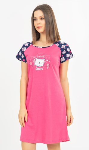 Dámská noční košile s krátkým rukávem Kočky - tmavě růžová