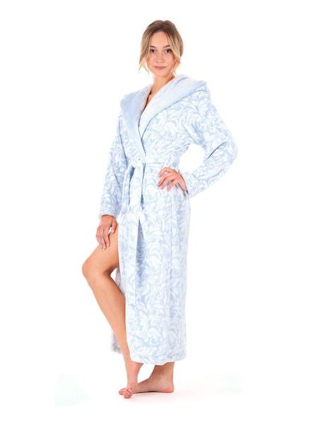 Dámský dlouhý župan s kapucí FLORA světle modrá/bílá