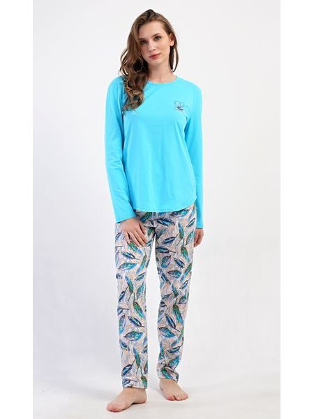 Dámské pyžamo dlouhé Listy - tyrkysová