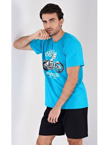 Pánské pyžamo šortky Motocykl - tyrkysová