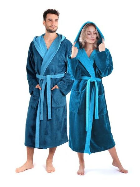 Dámský dlouhý savý župan s kapucí TAMPA duo petrolejová